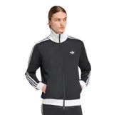 Campera deportiva Adidas Beckenbauer de color negro con detalles en blanco, cuello alto, cierre frontal y bolsillos laterales. Incorpora las clásicas tres tiras en las mangas y el logo del trifolio bordado en el pecho.