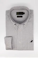 Camisa de vestir Club House con diseño de rayas verticales azules y blancas, cuello button down y bolsillo frontal con bordado de un ave.