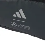 Bolso deportivo Adidas Mercedes AMG Petronas Formula One Team, color gris con detalles en negro y turquesa. Cuenta con múltiples bolsillos con cierre, correas acolchadas ajustables para hombros y correa ajustable con hebilla para el pecho.