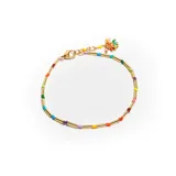 Pulsera dorada con cuentas cilíndricas y cuentas pequeñas de colores.