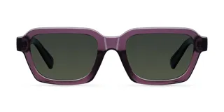Lentes de sol unisex Adisa, con montura cuadrada color violeta y lentes polarizadas verdes.