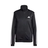 Campera deportiva Adidas de mujer, confeccionada en tejido tricot de poliéster. Presenta un diseño clásico en color negro con cuello alto, cierre frontal completo y las icónicas tres tiras blancas en las mangas. Incluye bolsillos laterales y puños elásticos.