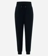Pantalón jogger negro de algodón con cintura alta, elástico, lazo ajustable y tobillos ajustados.