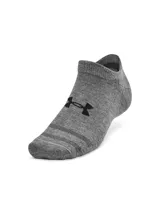 Medias tobilleras Under Armour de color gris melange, con el logo de la marca en negro en la parte superior del empeine y soporte integrado para el arco del pie.