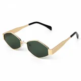 Lentes de sol con armazón metálico dorado de diseño poligonal, cristales oscuros y patillas anchas con terminales negras.