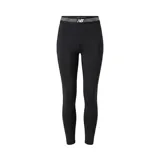 Calza deportiva New Balance de color negro, con cintura elástica de tiro alto que presenta detalles de líneas horizontales blancas y el logo de la marca en el centro.