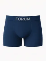 Boxer de microfibra color azul marino, con cintura elástica ancha que presenta el logo de la marca Forum en letras plateadas.