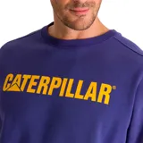 Buzo azul con logo de Caterpillar estampado en amarillo en el pecho y logo triangular en la manga.