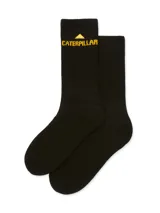 Par de medias de caña media color negro, con el logo de la marca Caterpillar bordado en amarillo en la parte superior.