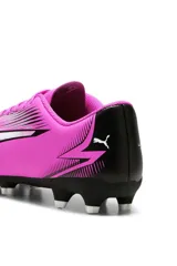 Zapatos de fútbol Puma Ultra Play FG/AG para adulto, color blanco con detalles en rojo y negro.