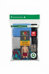 Pack de tres boxers tipo trunk de tiro bajo Fruit of the Loom. Incluye un modelo azul liso, uno gris melange y uno con estampado camuflado en tonos azules y verdes. Cuentan con cintura elástica con logo de la marca.