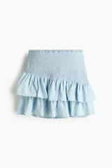 Pollera mini confeccionada en denim de algodón celeste, con cuerpo ajustado en punto smock y doble volante al bies en el bajo.