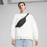 Riñonera negra con textura geométrica, logo de Puma estampado en blanco y correa ajustable con hebilla.