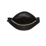 Riñonera negra con logo Nike bordado en azul, cierre superior con cremallera y correa ajustable con hebilla.