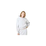 Hoodie oversized de color gris melange, con capucha, bolsillo tipo canguro y pequeño logo bordado en el centro del pecho.