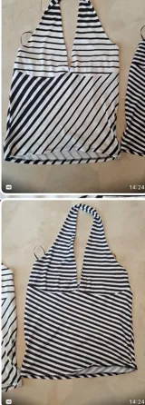 Top tipo halter confeccionado en lycra, con escote profundo y diseño de rayas horizontales y diagonales.