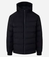 Campera puffer deportiva Get Over, color negro, con capucha, cierre frontal por cremallera y puños elásticos. Diseño acolchado sin costuras visibles.