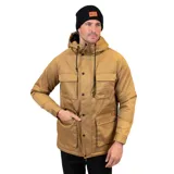 Campera color beige con capucha, cierre frontal con botones a presión, cuatro bolsillos frontales con botón a presión y puños ajustables con botón a presión.
