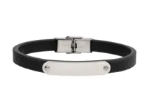 Pulsera de diseño minimalista compuesta por una banda de cuerina negra texturizada y una placa central de acero inoxidable pulido con cierre de seguridad a presión.