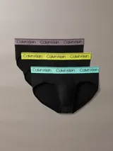 Pack de tres slips negros Calvin Klein con cintura elástica en colores lila, amarillo y celeste, con el logo de la marca.