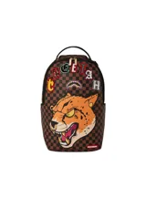 Mochila Sprayground en colaboración con el jugador de la NFL Tyreek Hill. Diseño con estampado a cuadros en tonos marrones y aplique de la cara de un guepardo.