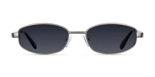 Lentes de sol con montura rectangular de acero inoxidable en color gris mate y lentes polarizadas negras. Presentan un diseño minimalista con varillas metálicas y terminales de acetato.