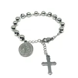 Pulsera rosario de mano hecha de acero con cuentas esféricas, medalla colgante con relieve y dije de cruz.