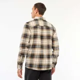 Camisa de manga larga con diseño de cuadros en tonos beige, negro y gris. Presenta cuello clásico, cierre frontal con botones y puños abotonados.