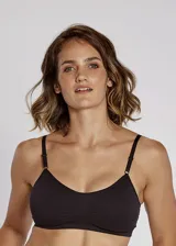 Soutien tipo top de microfibra sin costuras, color negro, con copas removibles, sin aro y breteles regulables.