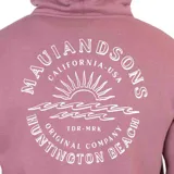 Canguro con cierre color bordó, con capucha y cordones ajustables. Estampado pequeño con el logo de la marca en el pecho.