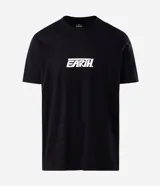 Remera de algodón color negro con cuello redondo y manga corta. Presenta un diseño gráfico estampado en la espalda con la palabra 'EARTH' en tipografía grande y blanca, acompañada de frases motivacionales y símbolos circulares.