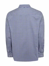 Camisa de manga larga de algodón y lana, modelo Wool de RKF, con diseño a cuadros en tonos azul marino, blanco y negro. Cuenta con cuello italiano, cierre frontal con botones y un bolsillo en el pecho con el logo bordado.