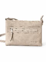 Bandolera de cuero color beige, modelo Sevilla de la marca Sagali, de diseño compacto y rectangular con cierre superior y bolsillo frontal con cierre. Incluye correa ajustable para llevar cruzada.