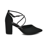 Zapato de vestir Via Marte modelo Oriane, color negro, con taco cuadrado, punta fina y tiras cruzadas con apliques de strass en el empeine y tobillo.