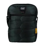 Bolso tipo morral de la marca Caterpillar, con diseño urbano y funcional. Presenta un estampado geométrico en tonos oscuros, compartimento principal con cierre, bolsillo frontal con cremallera, bolsillo trasero con velcro y correa ajustable para el hombro. Incluye logo de la marca en la parte superior y etiqueta lateral.
