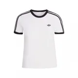 Remera Adidas de corte entallado, color blanco, con cuello redondo y ribetes en contraste negros en cuello y mangas. Incluye las clásicas tres tiras negras sobre los hombros y el logo del Trifolio bordado en el pecho.