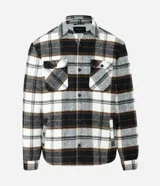 Campera de franela a cuadros con forro de sherpa, cuello tipo polo, cierre frontal con botones y bolsillos delanteros con solapa.