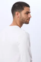 Remera manga larga lisa, color gris claro, con cuello redondo y logo bordado en el pecho.