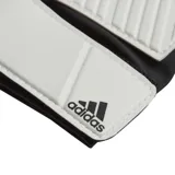 Guantes de arquero Adidas Tiro Club para adulto, color blanco con detalles en negro. Palma de látex con acolchado de 2,5 mm y corte positivo en los dedos.