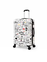 Valija rígida de color blanco con estampado de ilustraciones tipo grafiti y garabatos en negro, rojo y amarillo. Posee cuatro ruedas dobles con giro de 360 grados, mango telescópico ajustable y asa de mano lateral.