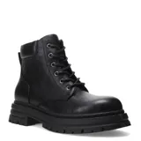 Botas tipo borceguí de cuero negro con cordones al tono, ojales metálicos y suela track robusta.