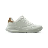 Championes Skechers Uno Lite Shimmer Along, color blanco con detalles metalizados en tono oro rosado en el talón. Presentan capellada de durabuck sintético con perforaciones decorativas, plataforma ligera y cordones tono sobre tono.