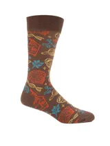 Medias de largo medio color marrón con estampado temático de ciencia que incluye cerebros, cadenas de ADN, microscopios, planetas y moléculas en colores vibrantes.