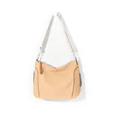 Bolso tipo hobo de paja color beige con correa larga de tela estampada y detalles en cuero marrón.