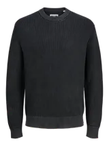 Sweater de punto Jack & Jones, color negro, con cuello redondo, mangas largas y diseño de tejido acanalado. Presenta un calce holgado y puños y ruedo acanalados.