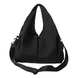 Cartera tipo hobo de nylon liviano en color negro, amplia y versátil. Cuenta con manijas fijas para llevar al hombro y una correa bandolera regulable y desmontable. Incluye bolsillos laterales y cierre superior.