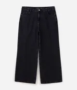 Pantalón de jean wide leg color negro con lavado marmolado, tiro alto, diseño de pierna amplia y bolsillos estilo five pockets.