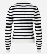 Cardigan de punto con diseño a rayas horizontales en blanco y negro, cuello redondo, manga larga y cierre frontal con botones.