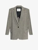 Blazer gris con diseño de espiga, solapas con muescas y cierre con un botón.