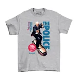Remera gris de algodón con estampa gráfica frontal que combina al personaje Frank Drebin de La Pistola Desnuda con la banda The Police, incluyendo texto y elementos humorísticos.